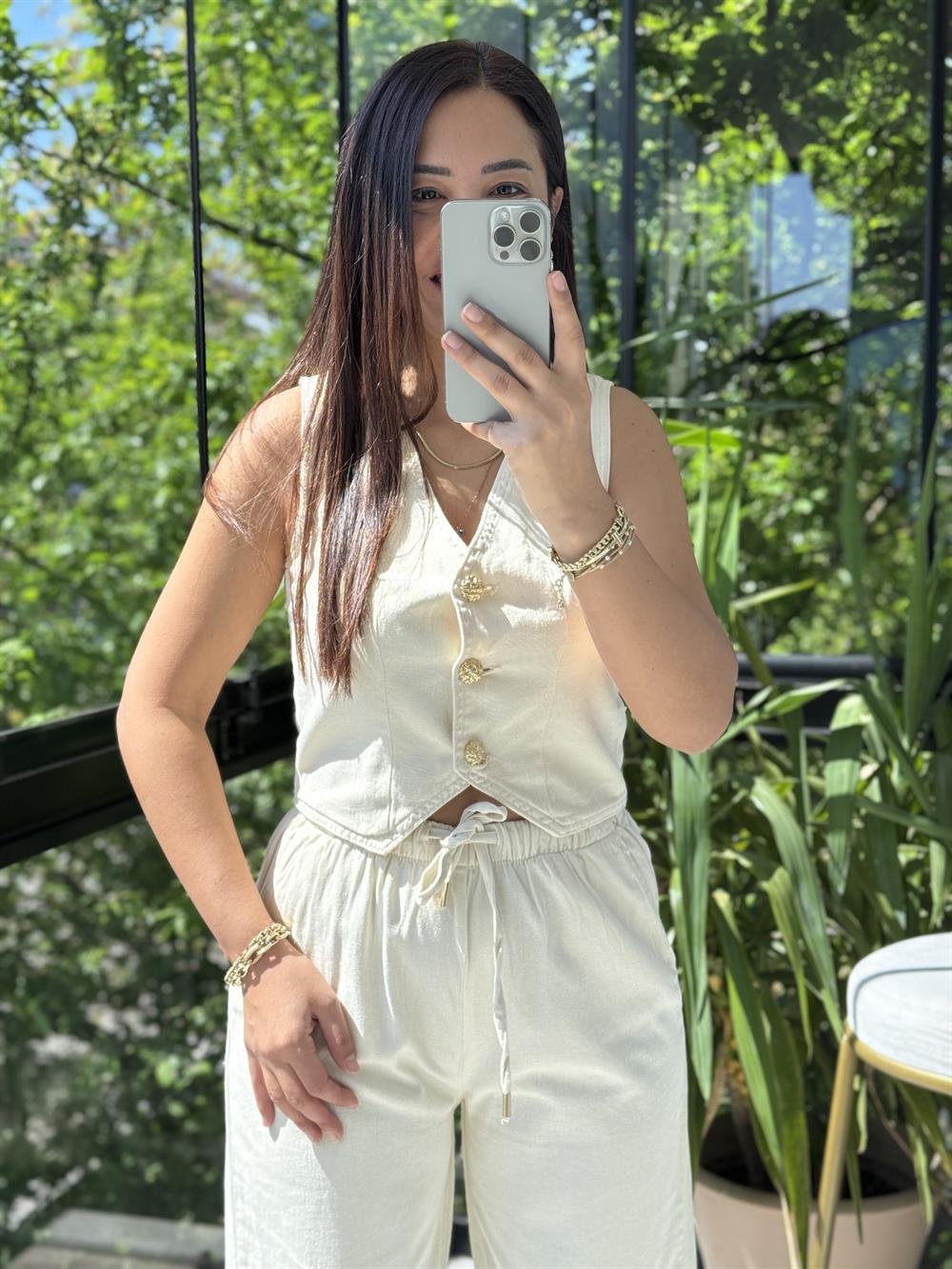 Düğmeli Keten Yelek Bej