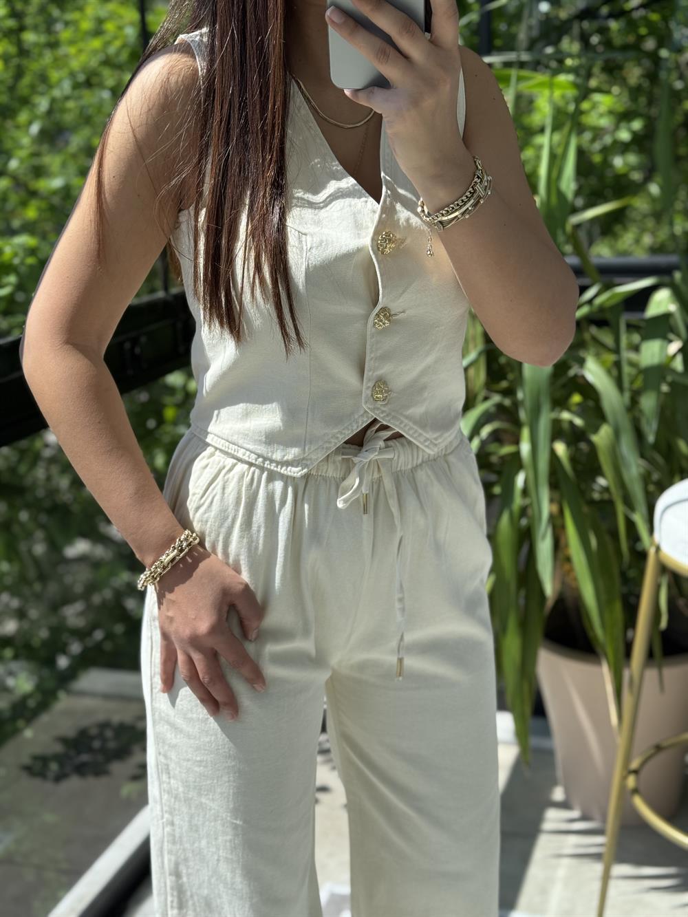 Düğmeli Keten Yelek Bej