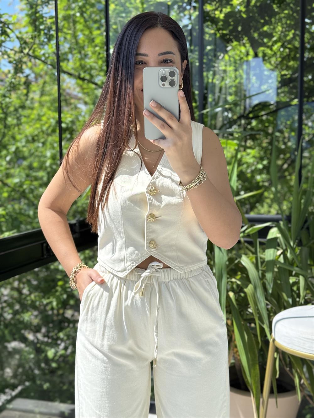 Düğmeli Keten Yelek Bej