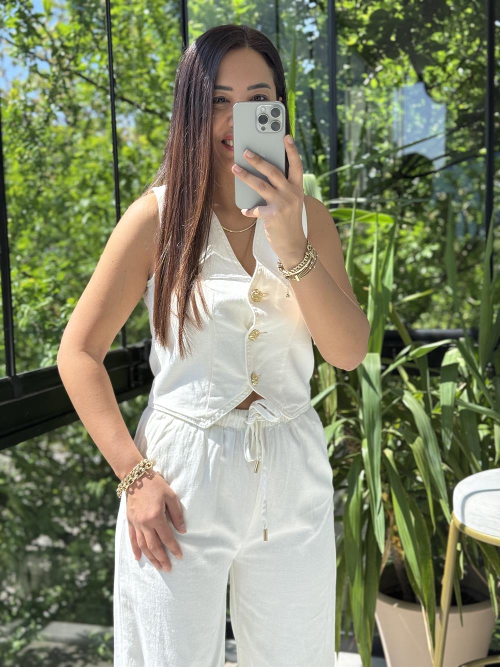 Düğmeli Keten Yelek Ekru