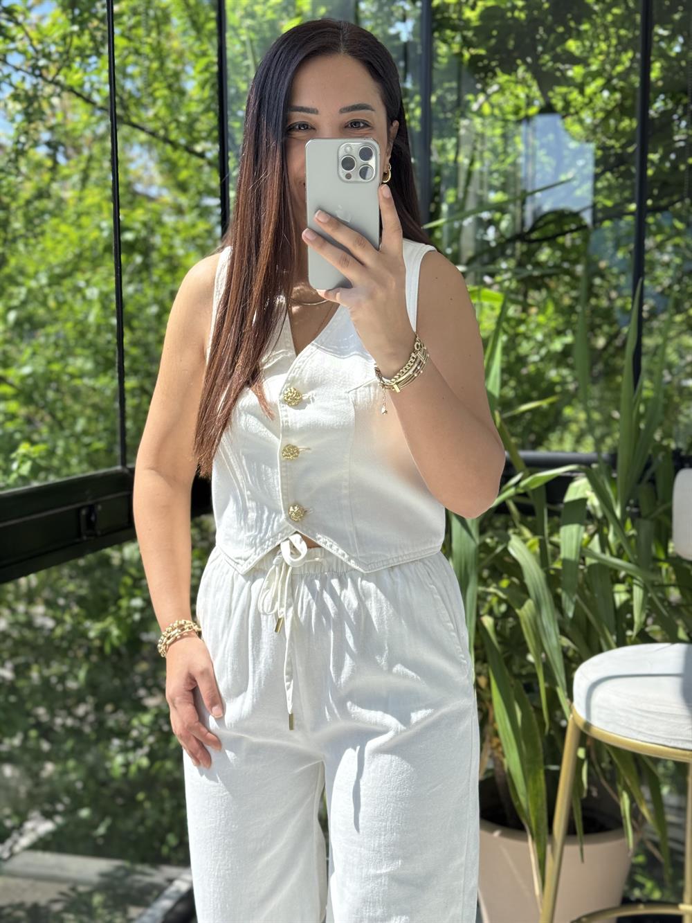 Düğmeli Keten Yelek Ekru