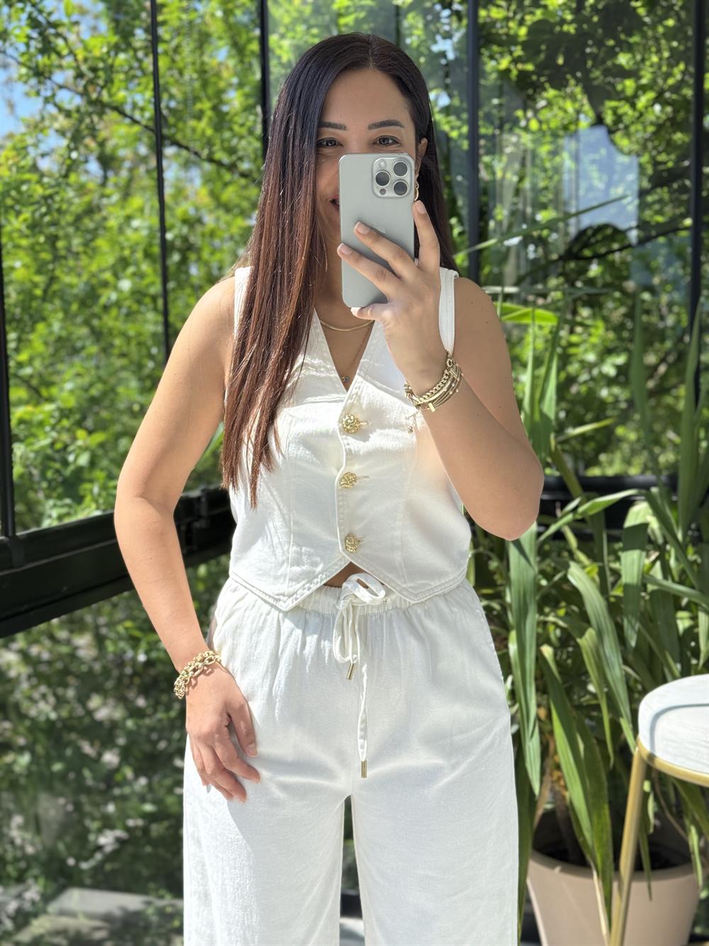 Düğmeli Keten Yelek Ekru