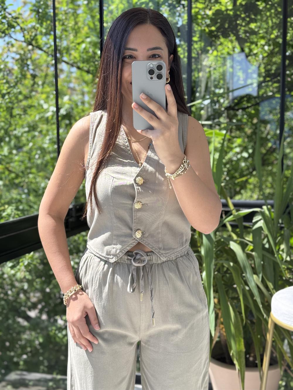 Düğmeli Keten Yelek Haki Yeşili