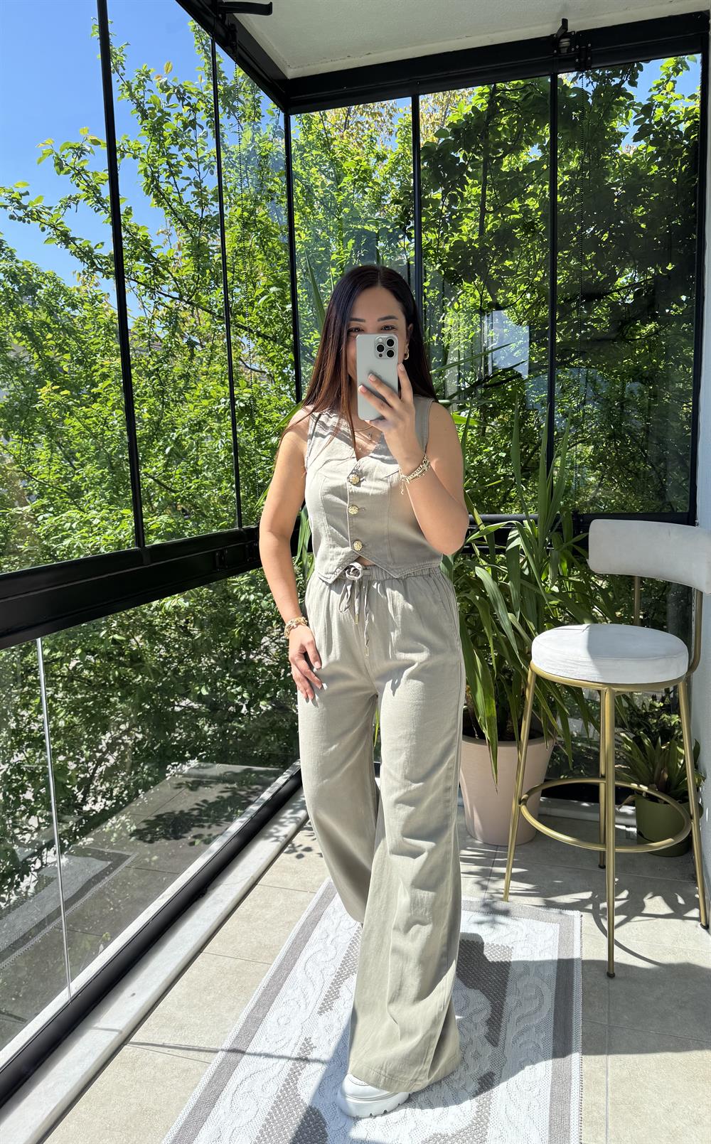 Düğmeli Keten Yelek Haki Yeşili