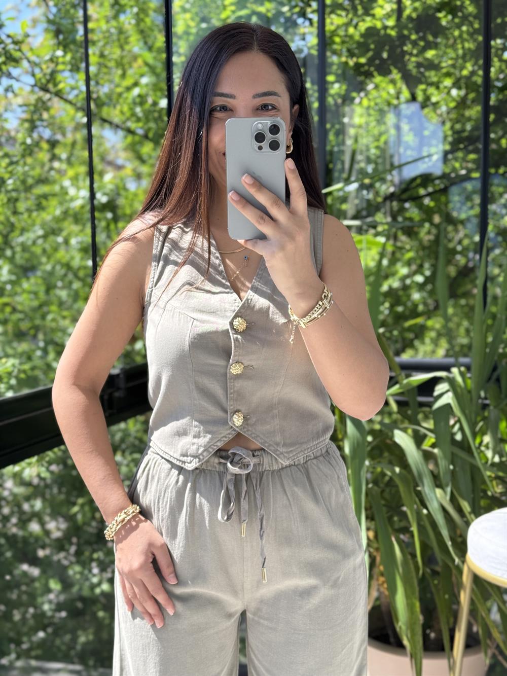 Düğmeli Keten Yelek Haki Yeşili