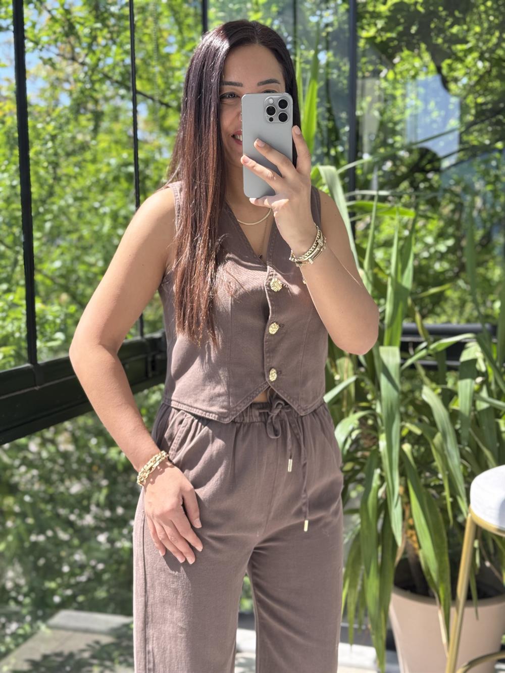 Düğmeli Keten Yelek Kahve