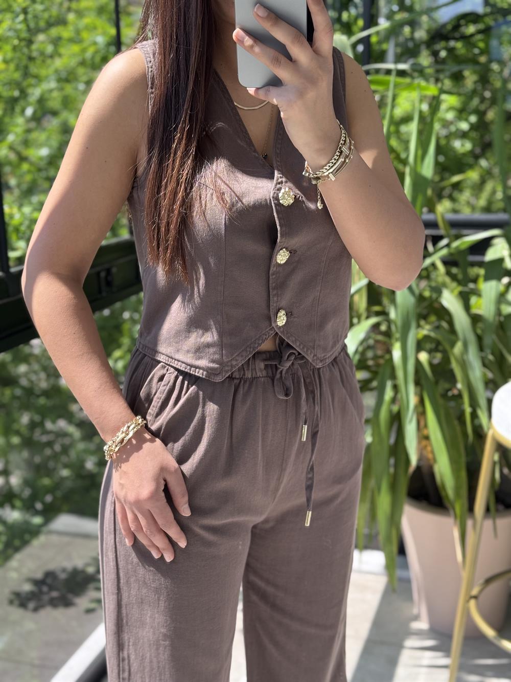 Düğmeli Keten Yelek Kahve