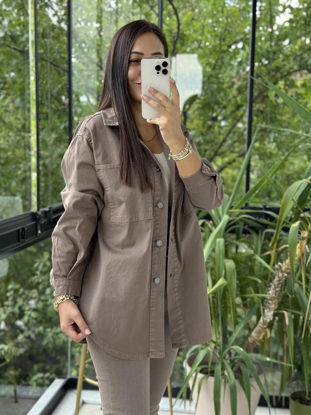 Düğmeli Oversize Gömlek Vizon