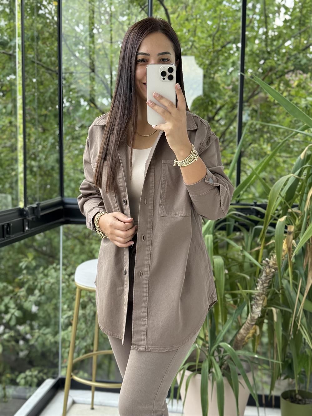 Düğmeli Oversize Gömlek Vizon