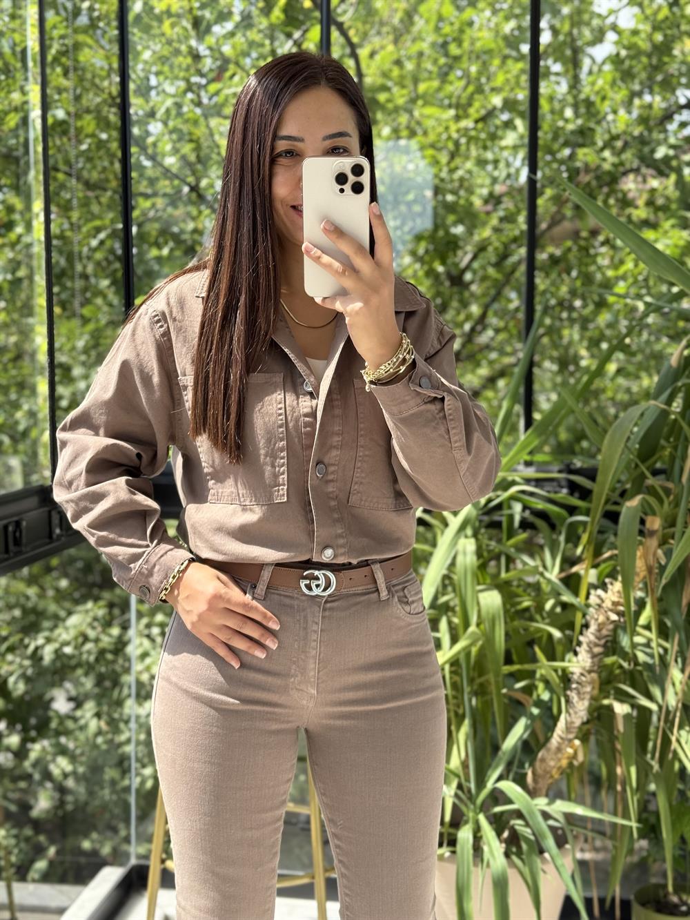 Düğmeli Oversize Gömlek Vizon