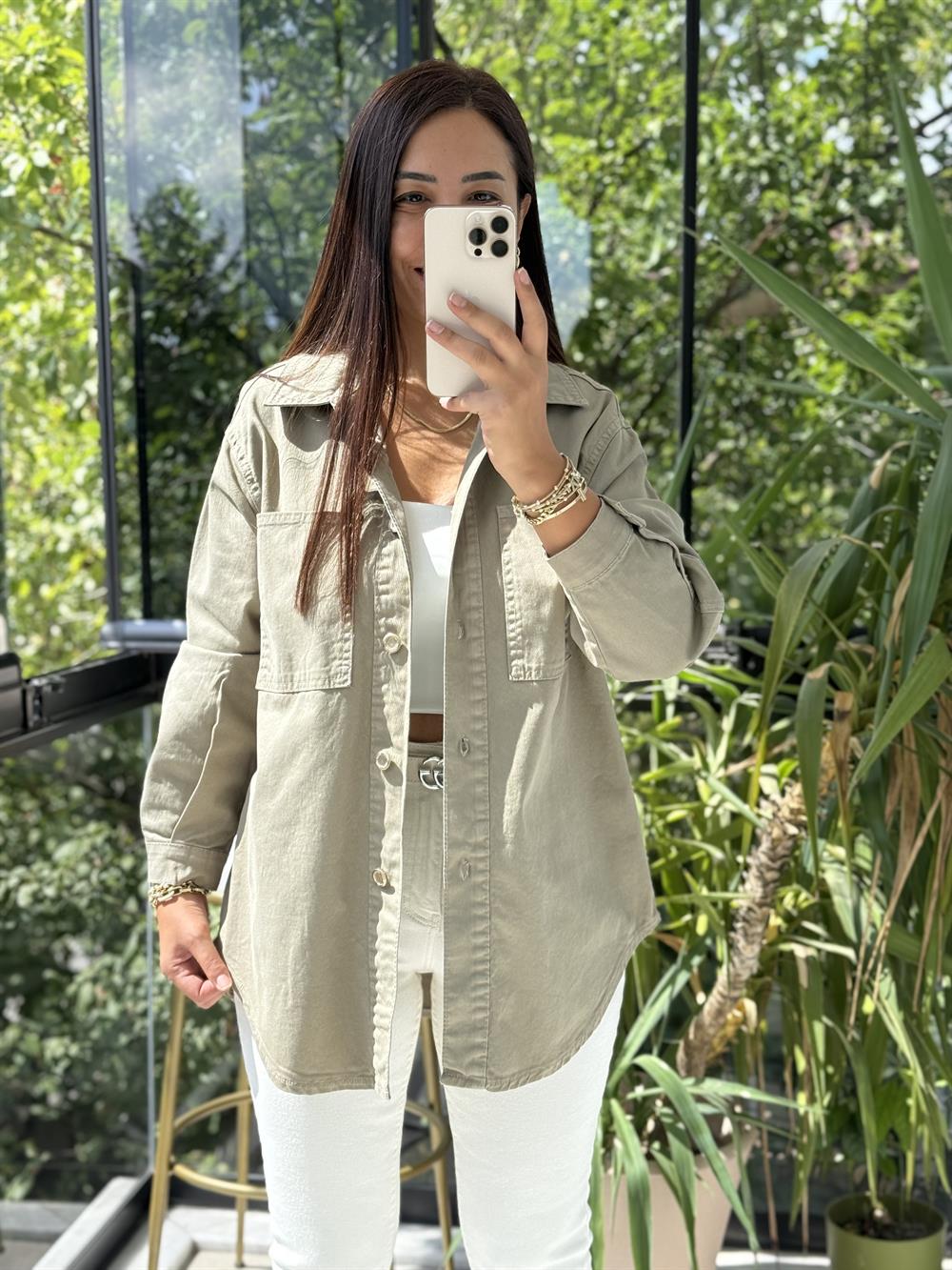 Düğmeli Oversize Gömlek Yeşil