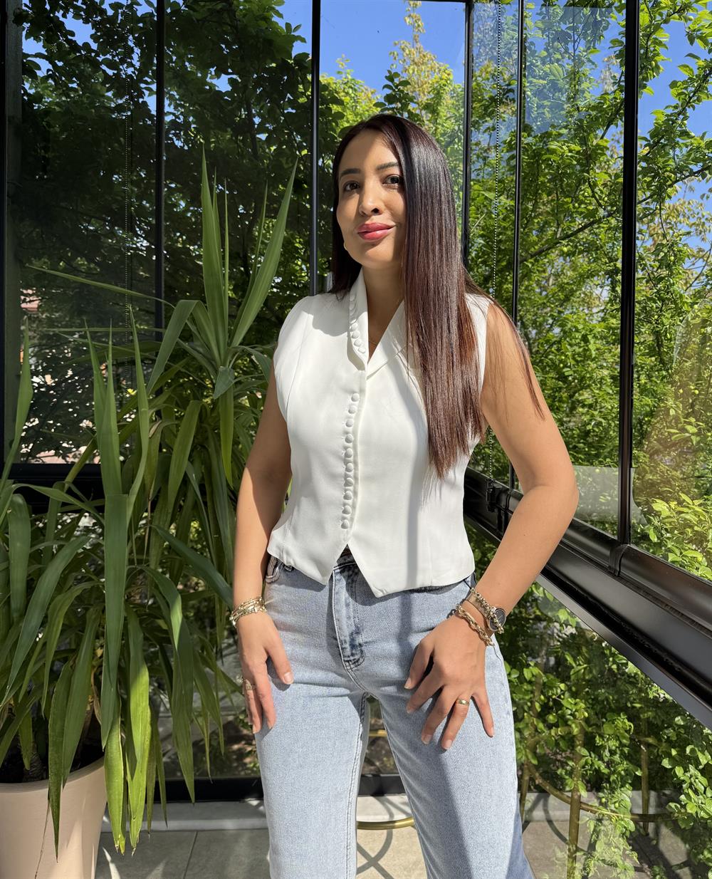 Düğmeli Slimfit Yelek Beyaz