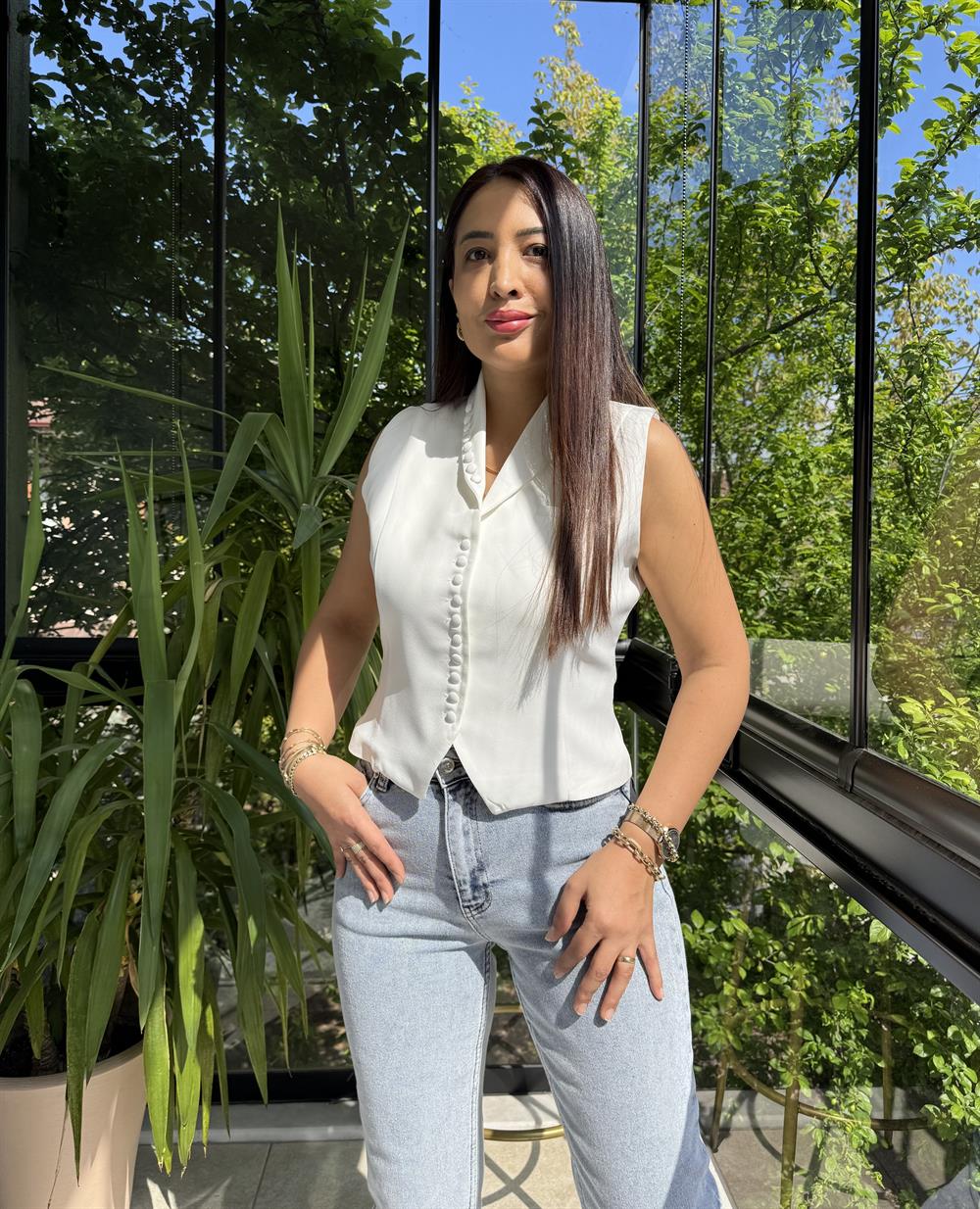 Düğmeli Slimfit Yelek Beyaz