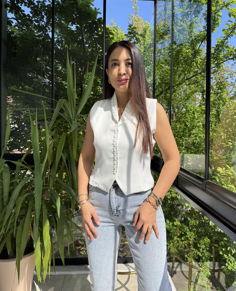 Düğmeli Slimfit Yelek Beyaz