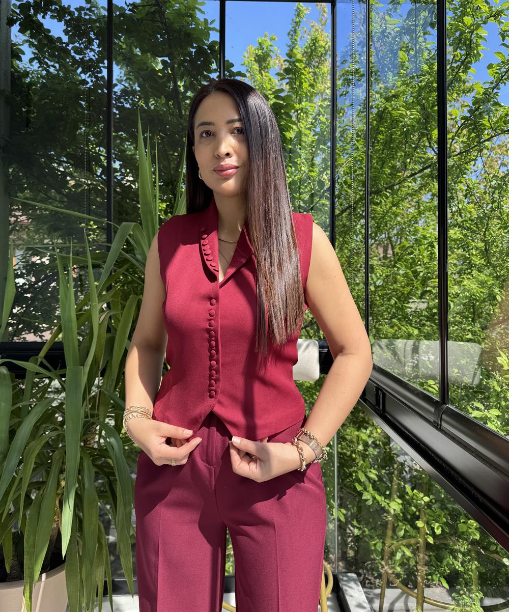 Düğmeli Slimfit Yelek Bordo