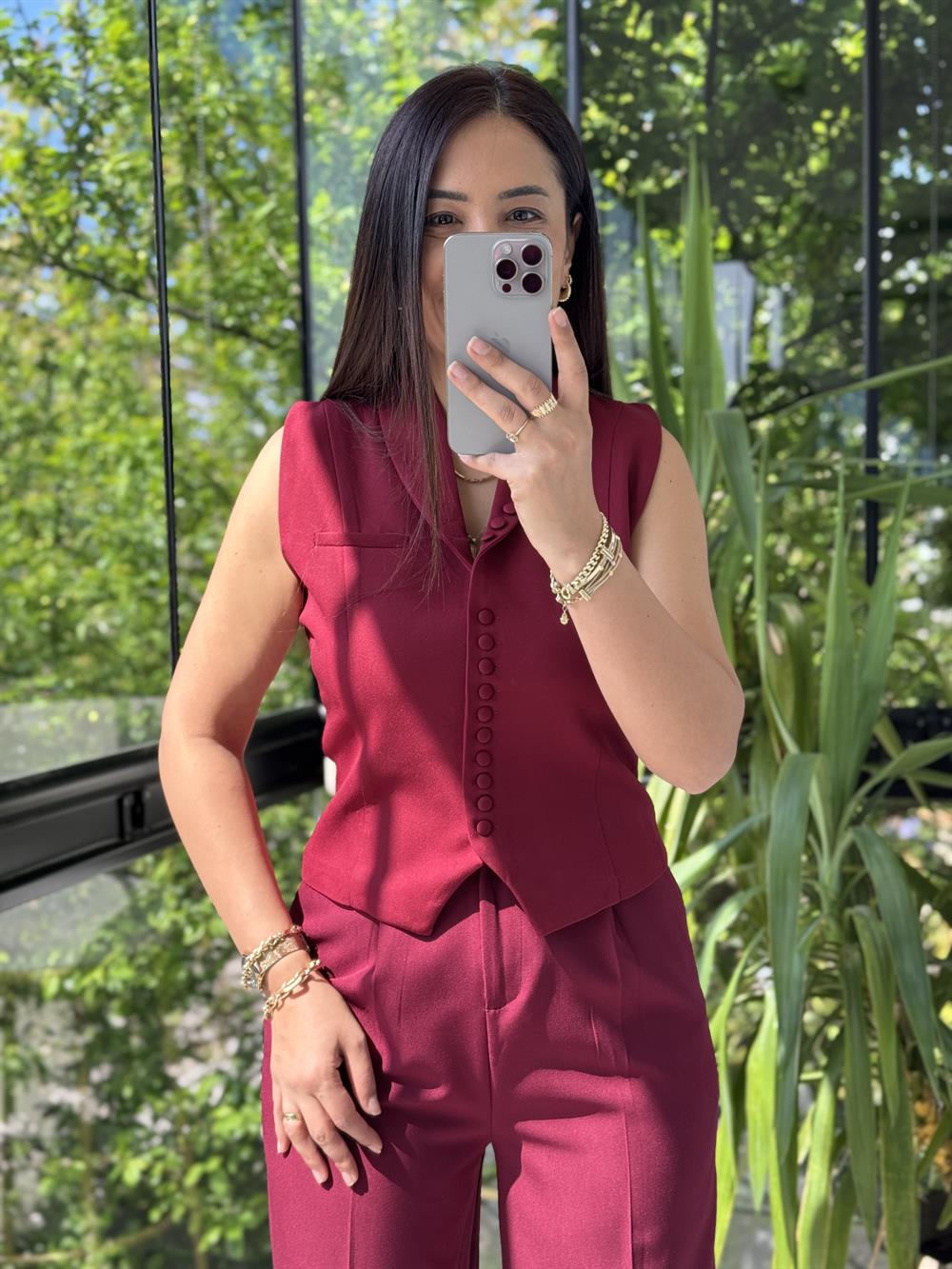 Düğmeli Slimfit Yelek Bordo