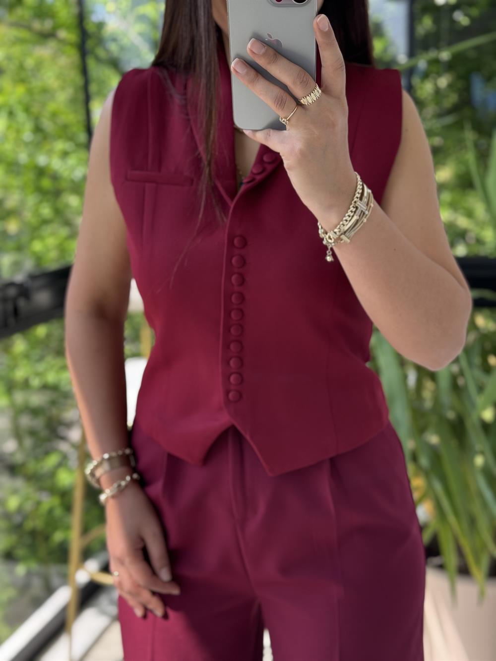 Düğmeli Slimfit Yelek Bordo