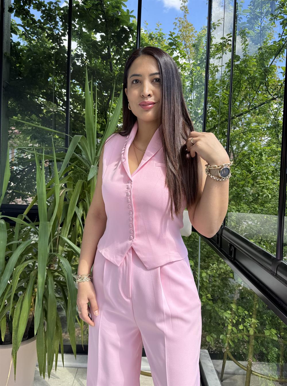 Düğmeli Slimfit Yelek Pembe