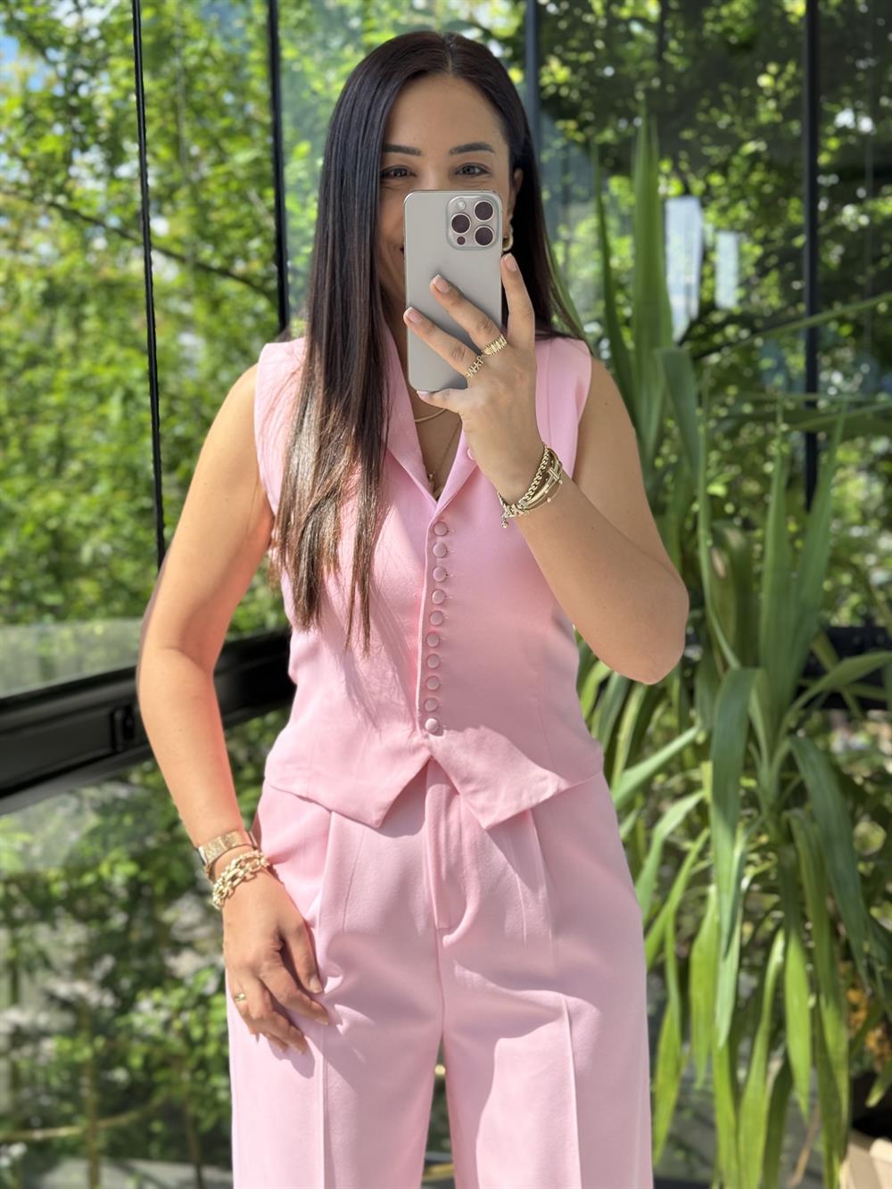 Düğmeli Slimfit Yelek Pembe