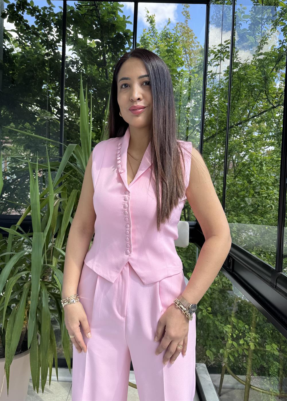 Düğmeli Slimfit Yelek Pembe