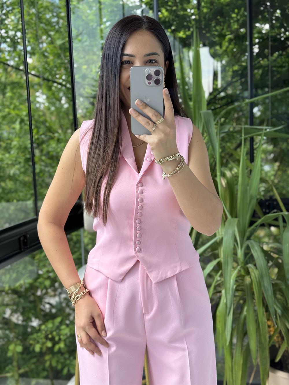 Düğmeli Slimfit Yelek Pembe