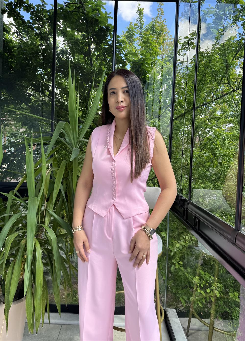 Düğmeli Slimfit Yelek Pembe