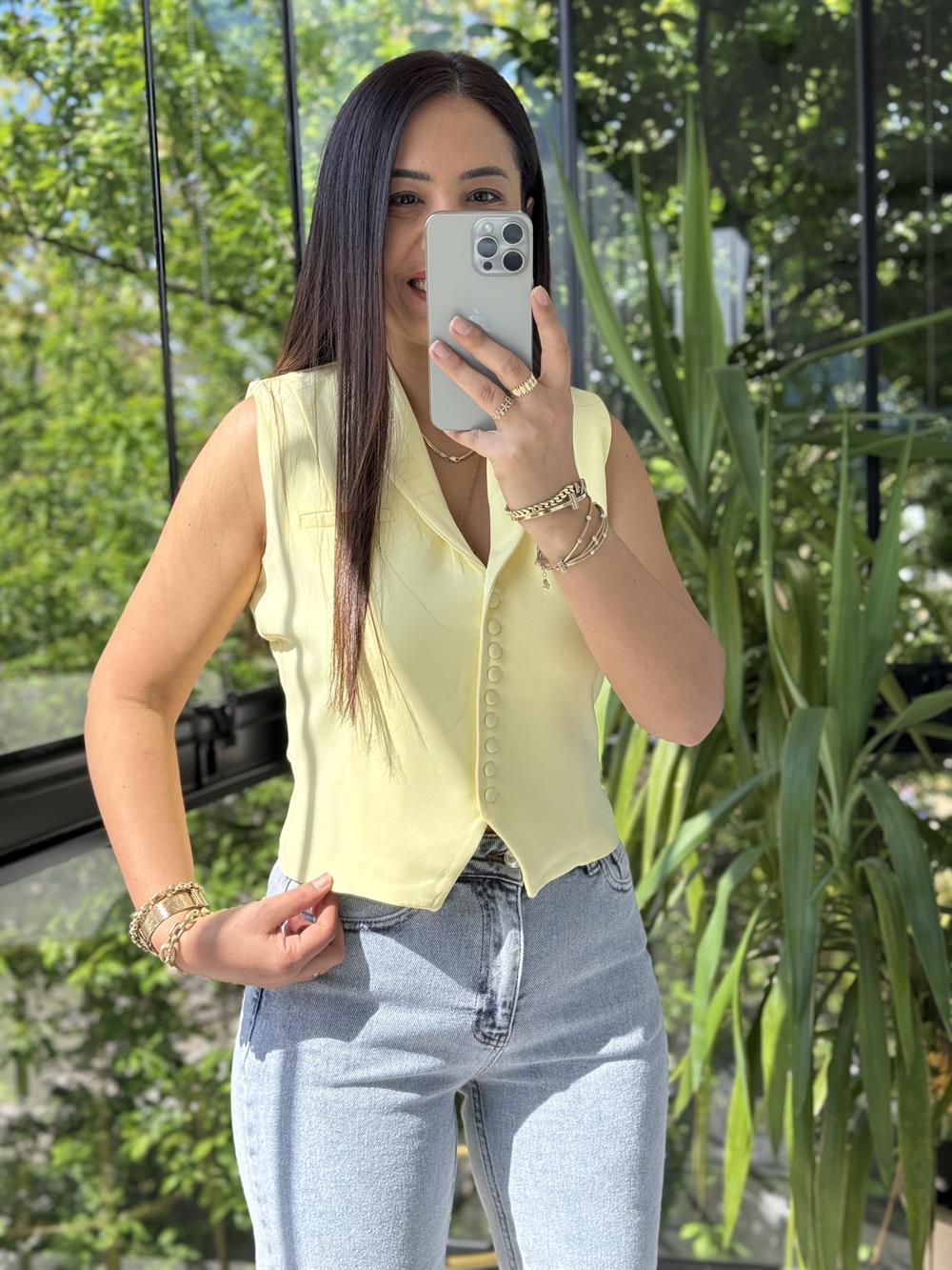 Düğmeli Slimfit Yelek Sarı