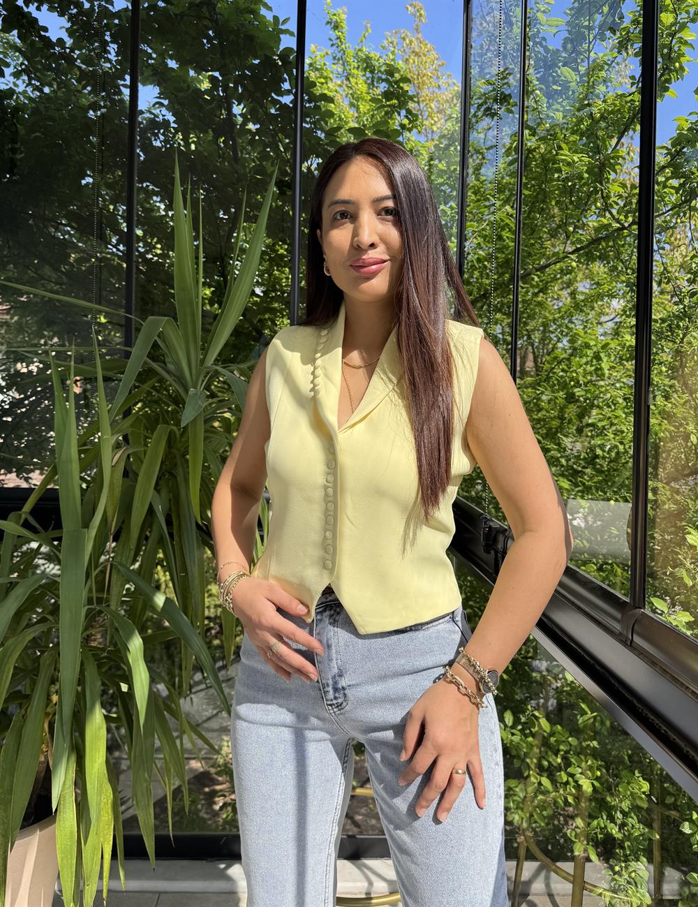 Düğmeli Slimfit Yelek Sarı