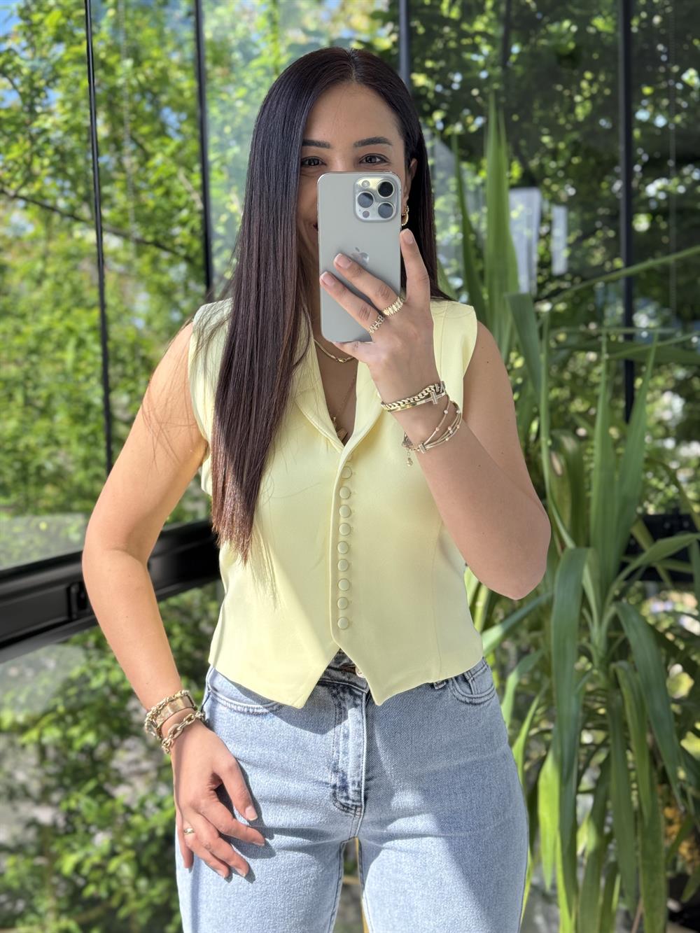 Düğmeli Slimfit Yelek Sarı