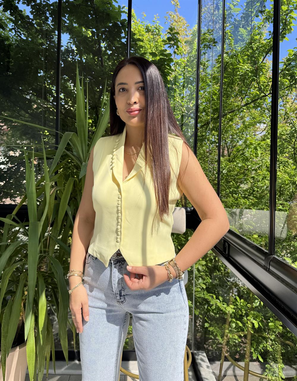 Düğmeli Slimfit Yelek Sarı