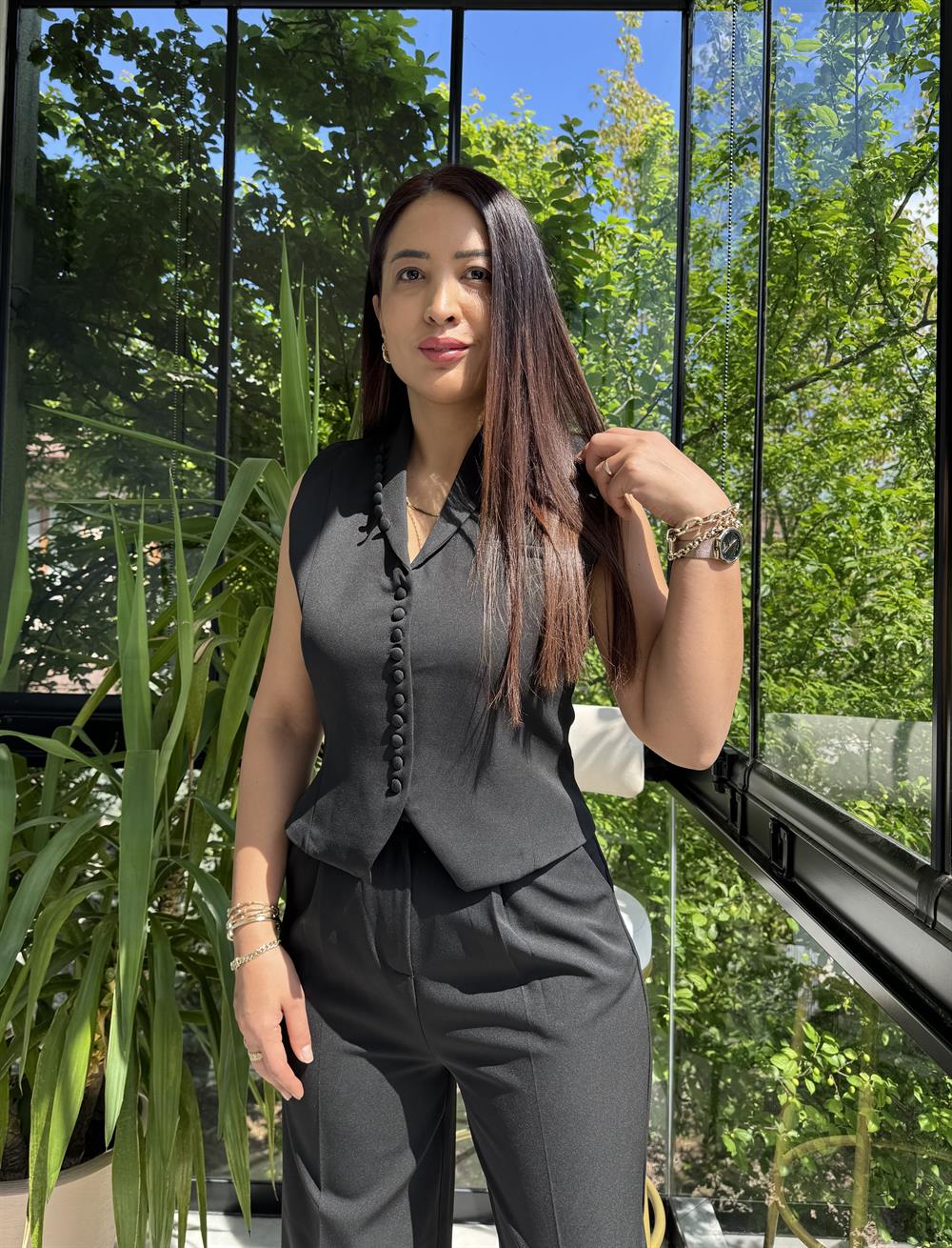 Düğmeli Slimfit Yelek Siyah