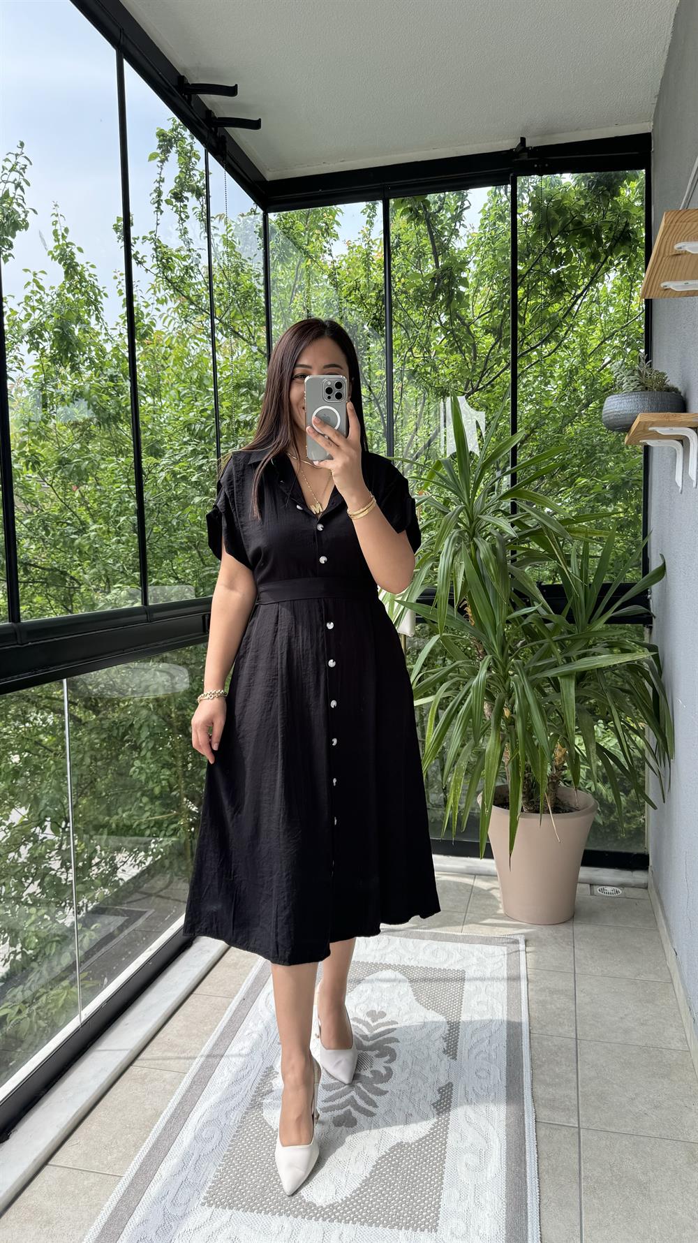 Düğmeli Tensel Elbise Siyah