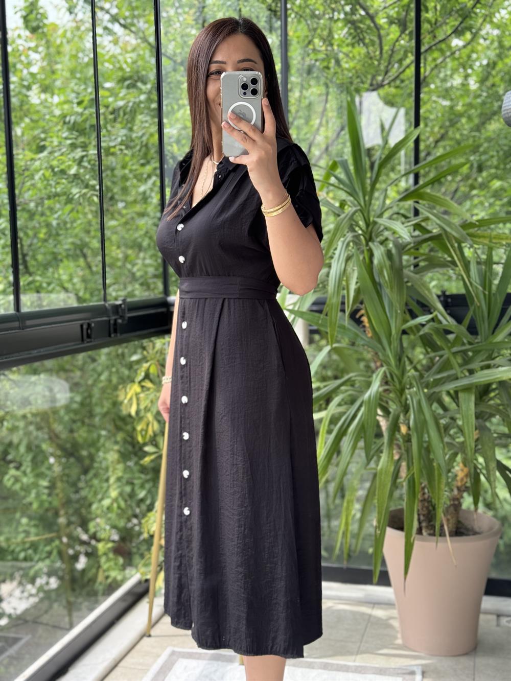 Düğmeli Tensel Elbise Siyah