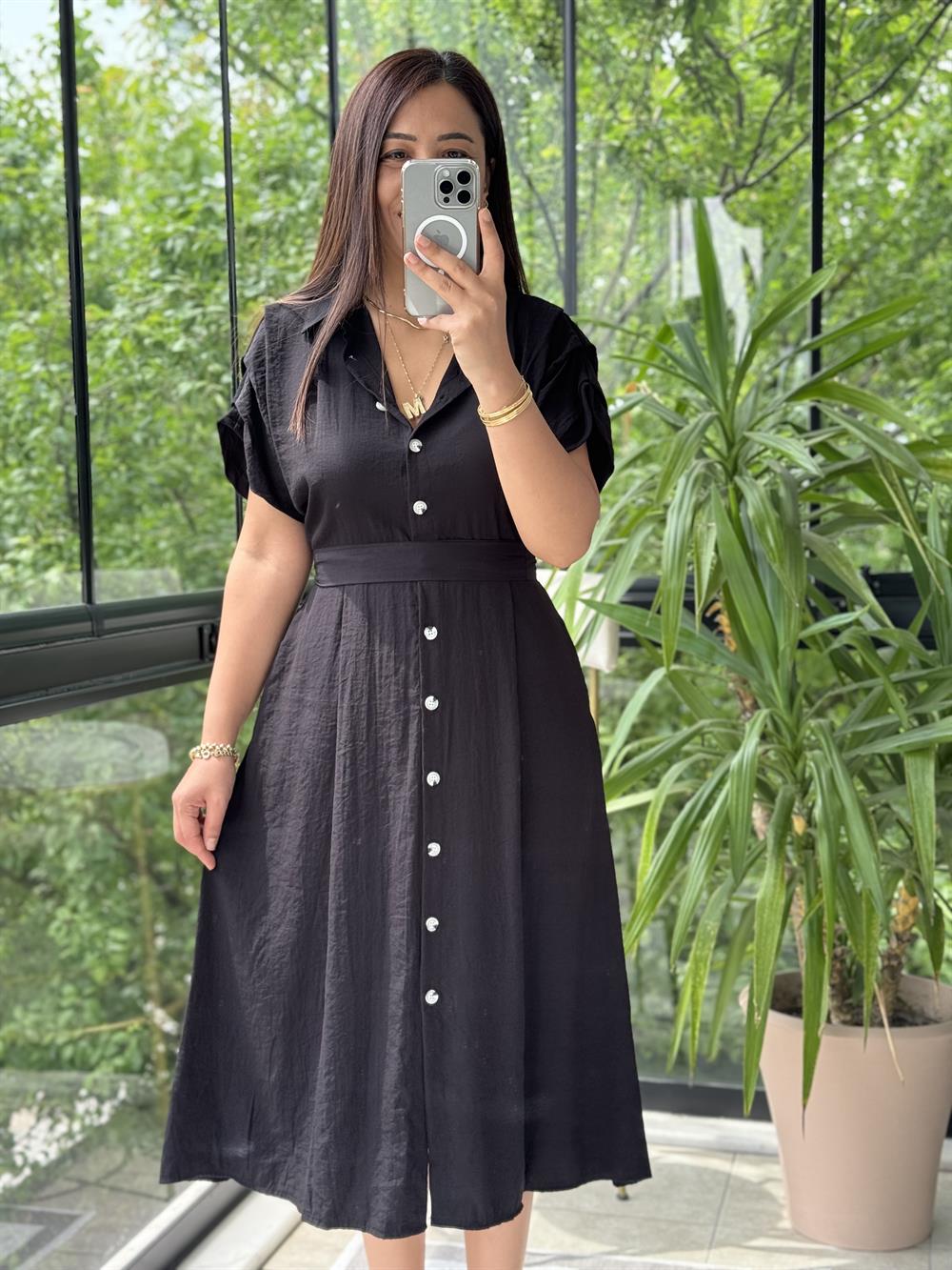 Düğmeli Tensel Elbise Siyah