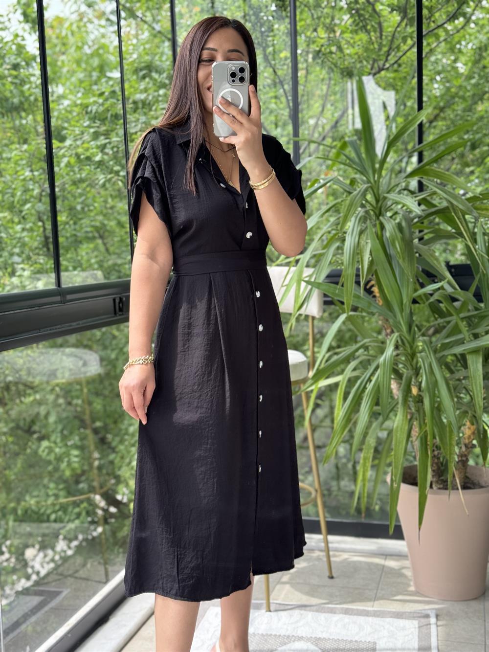 Düğmeli Tensel Elbise Siyah