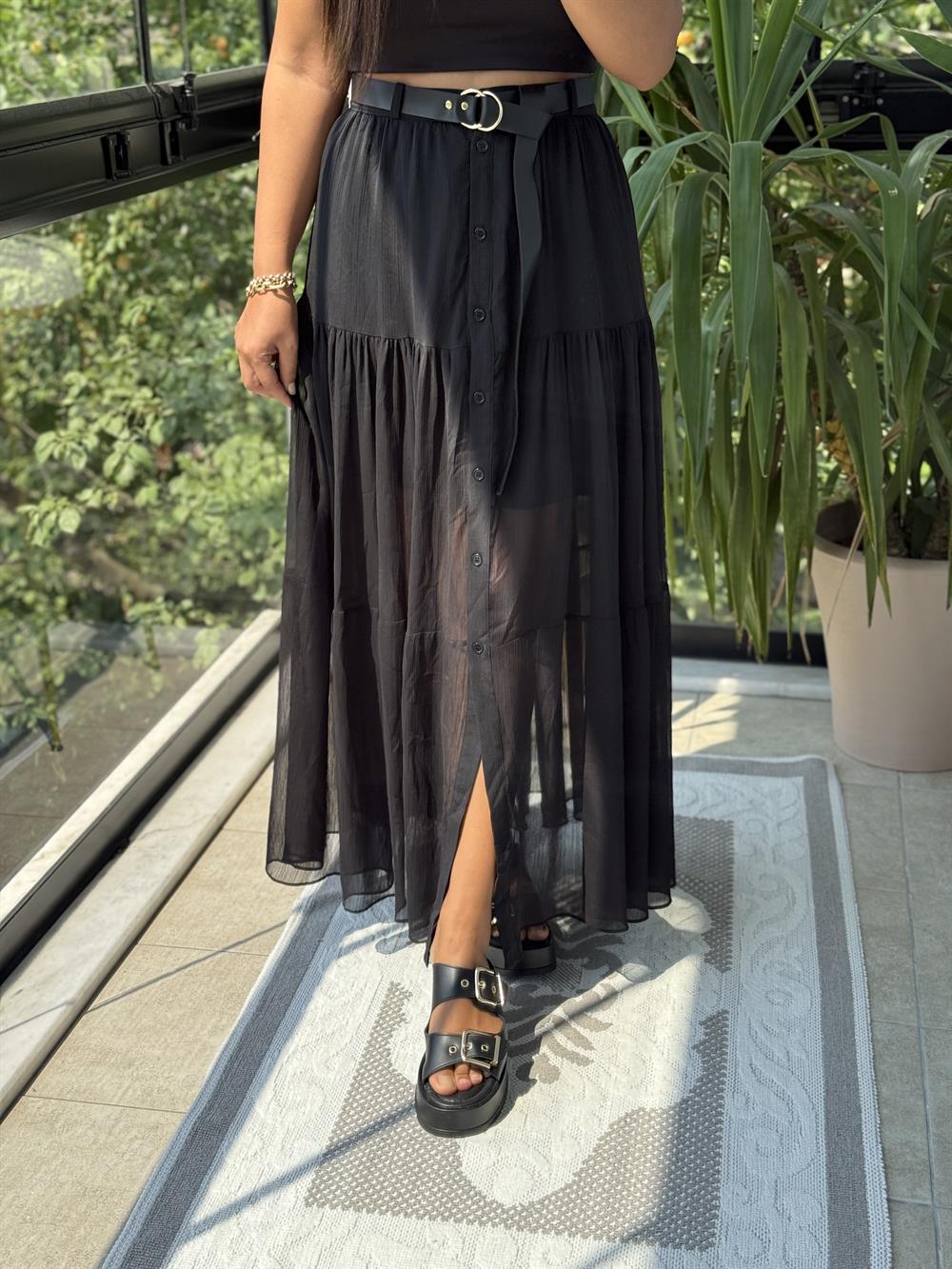 Düğmeli Tül Etek Siyah