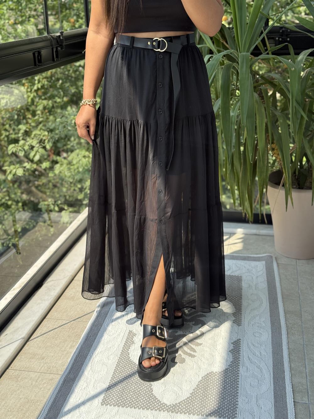 Düğmeli Tül Etek Siyah