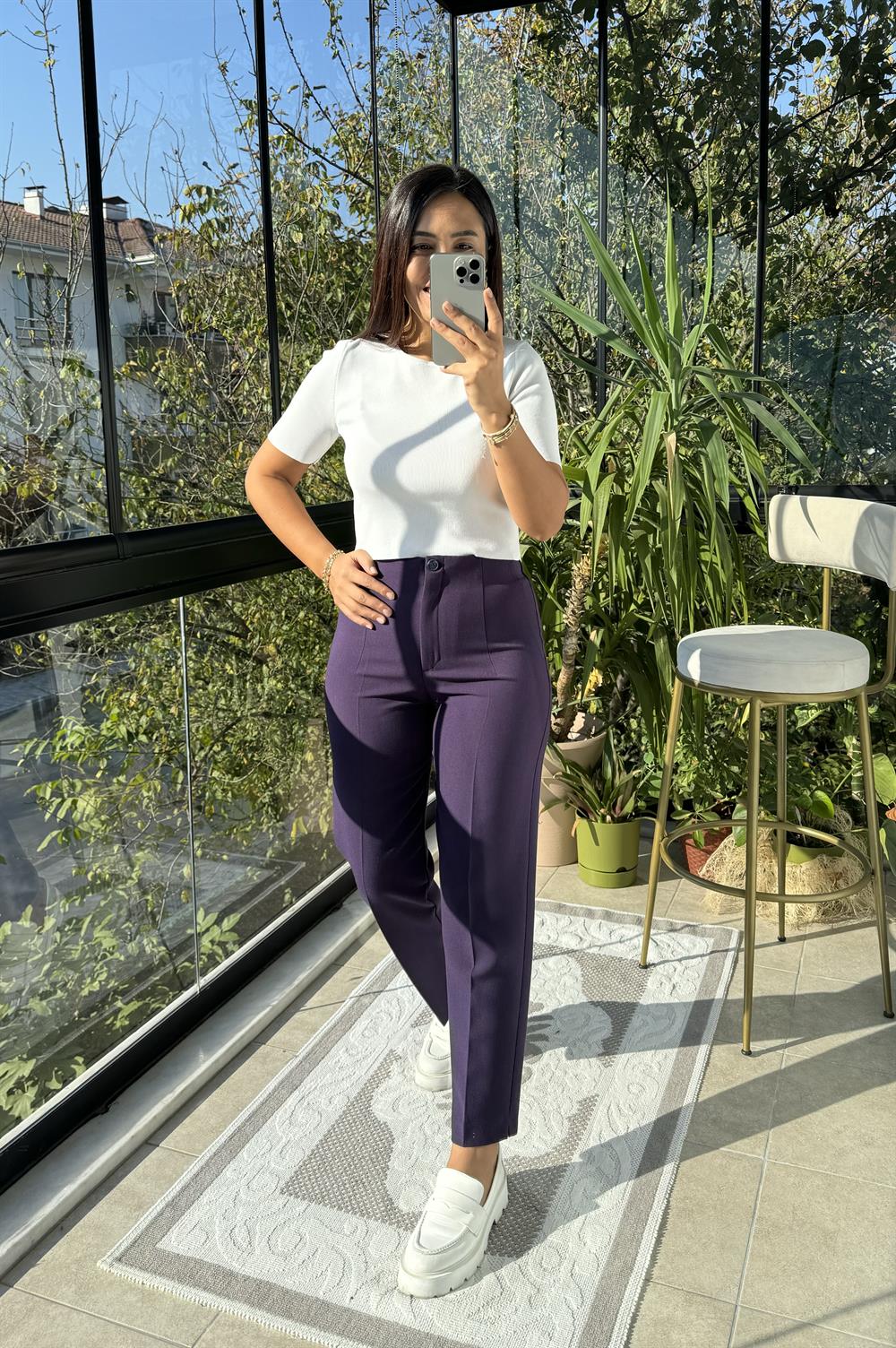 Düğmeli Zra Model Havuç Kesim Pantolon Mor