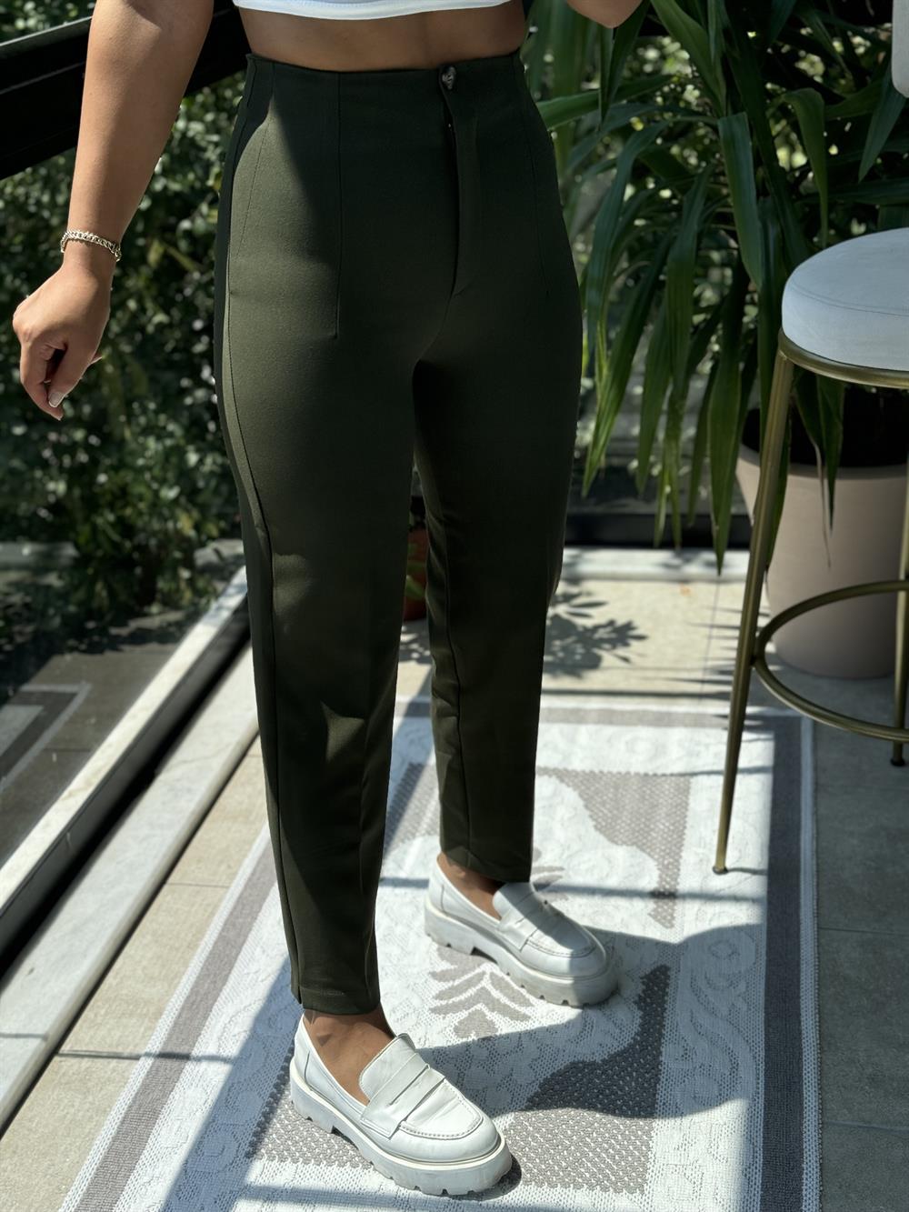 Düğmeli Zra Model Havuç Kesim Pantolon Koyu Yeşil