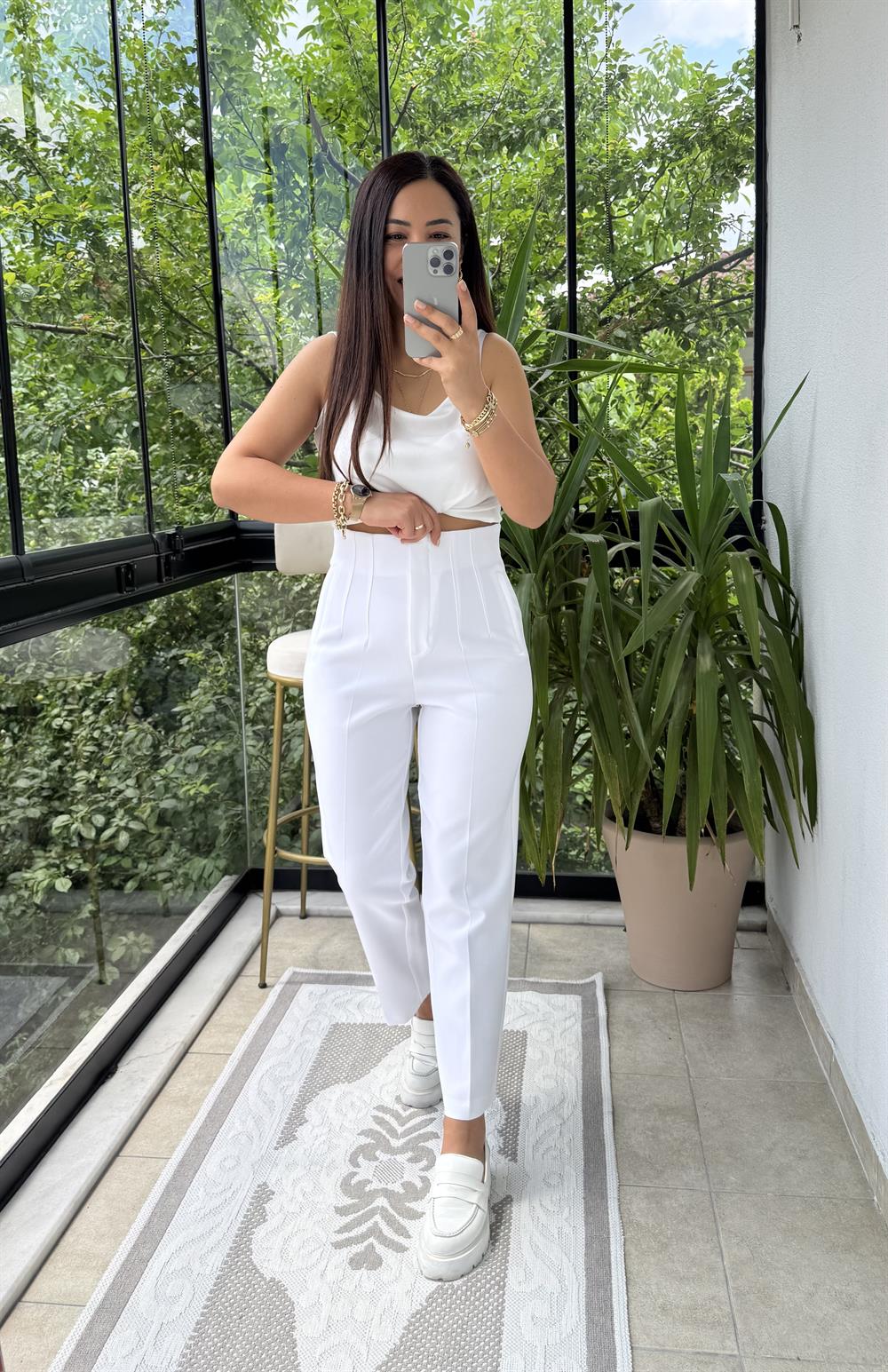 Düğmesiz Zra Model Kumaş Pantolon Beyaz