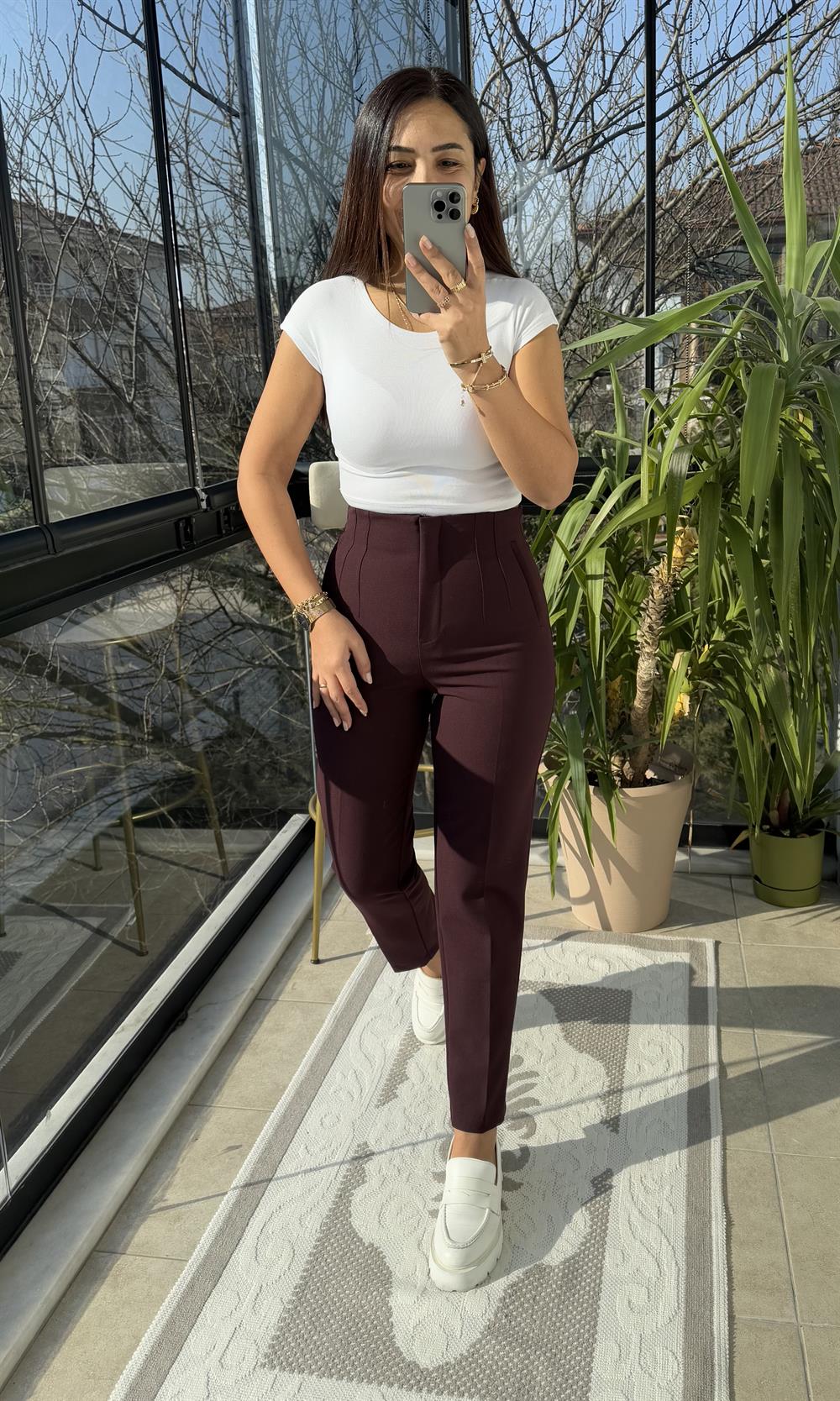 Düğmesiz Zra Model Kumaş Pantolon Mürdüm