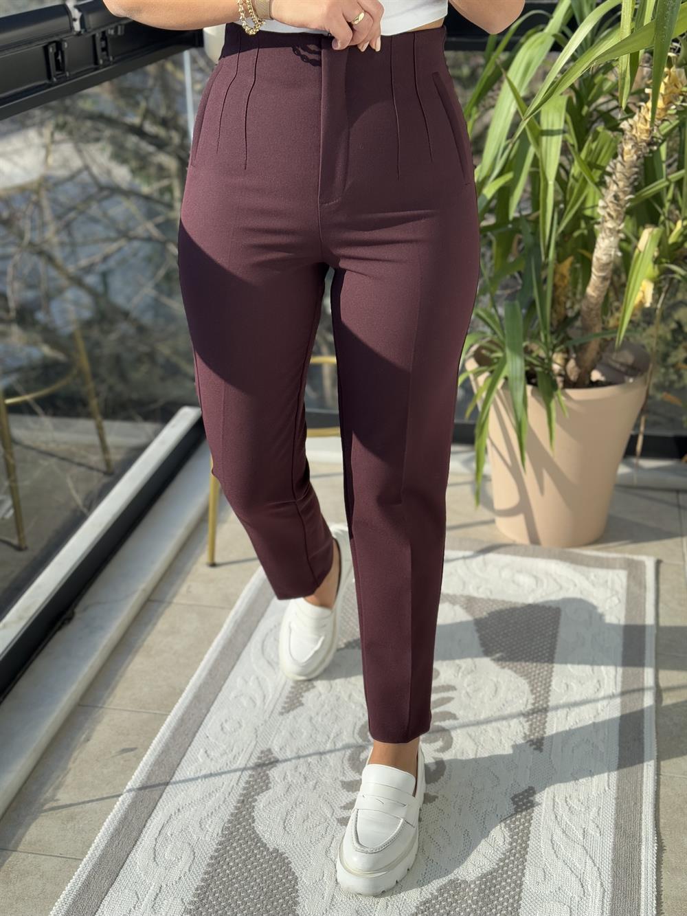 Düğmesiz Zra Model Kumaş Pantolon Mürdüm