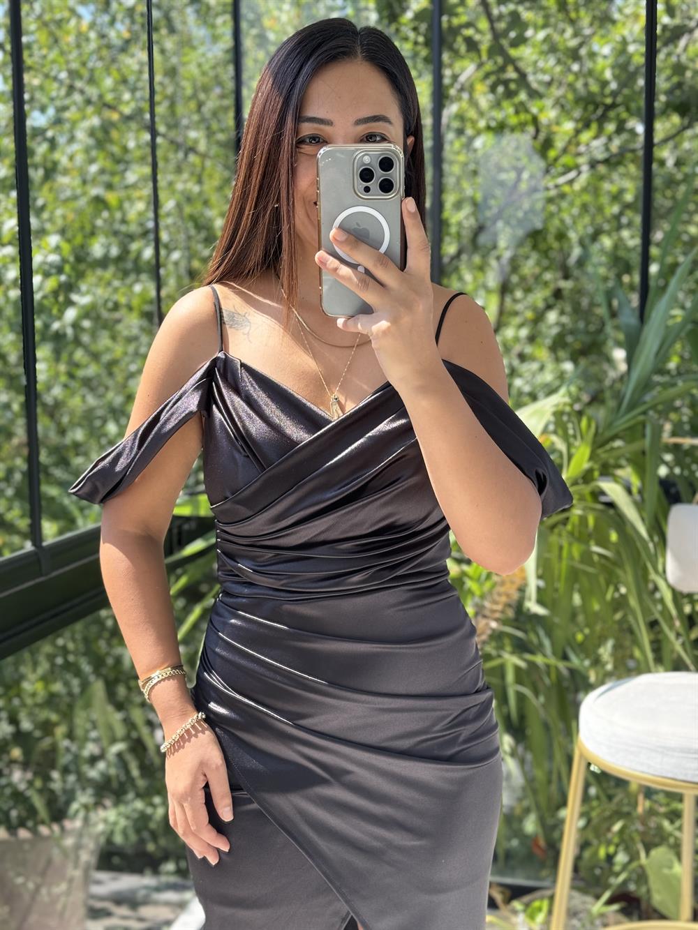 Düşük Omuz Araboy Saten Abiye Siyah