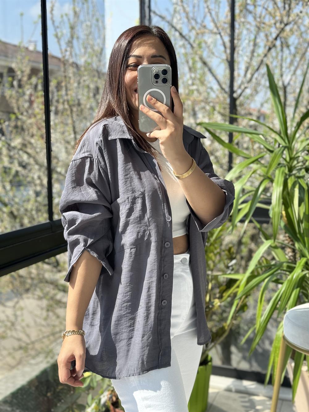 Düşük Omuz Basic Gömlek Gri