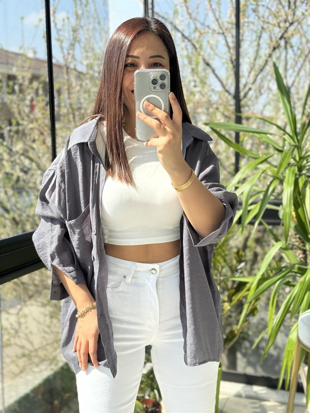 Düşük Omuz Basic Gömlek Gri