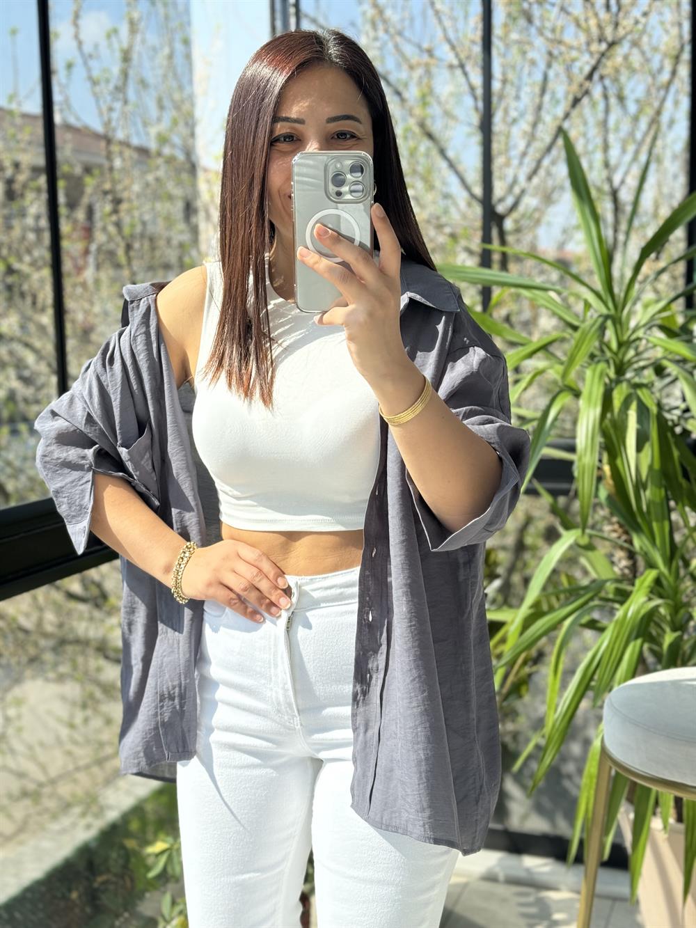 Düşük Omuz Basic Gömlek Gri