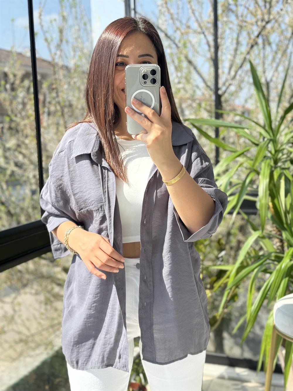 Düşük Omuz Basic Gömlek Gri