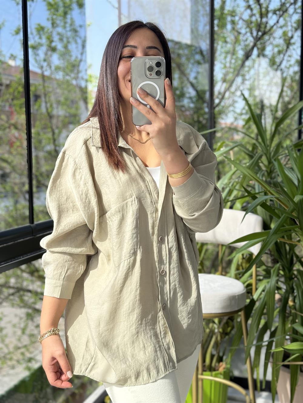 Düşük Omuz Basic Gömlek Olive