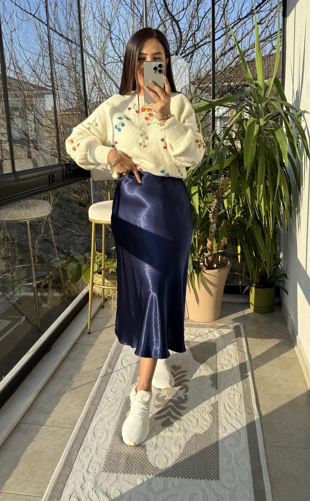 Düz Saten Etek Lacivert