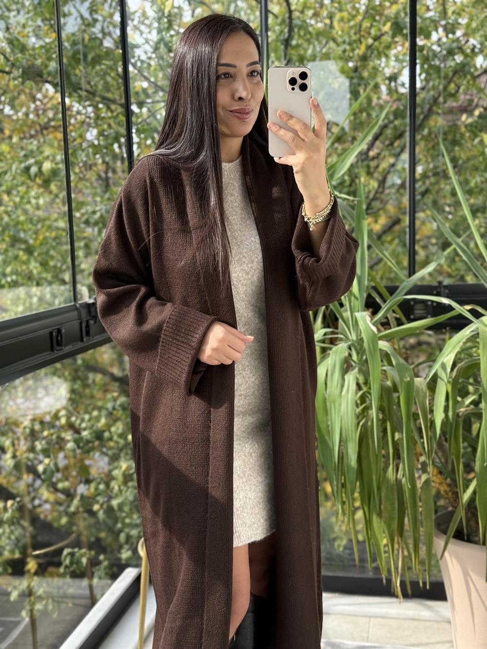 Şal Yaka Uzun Hırka Kahve